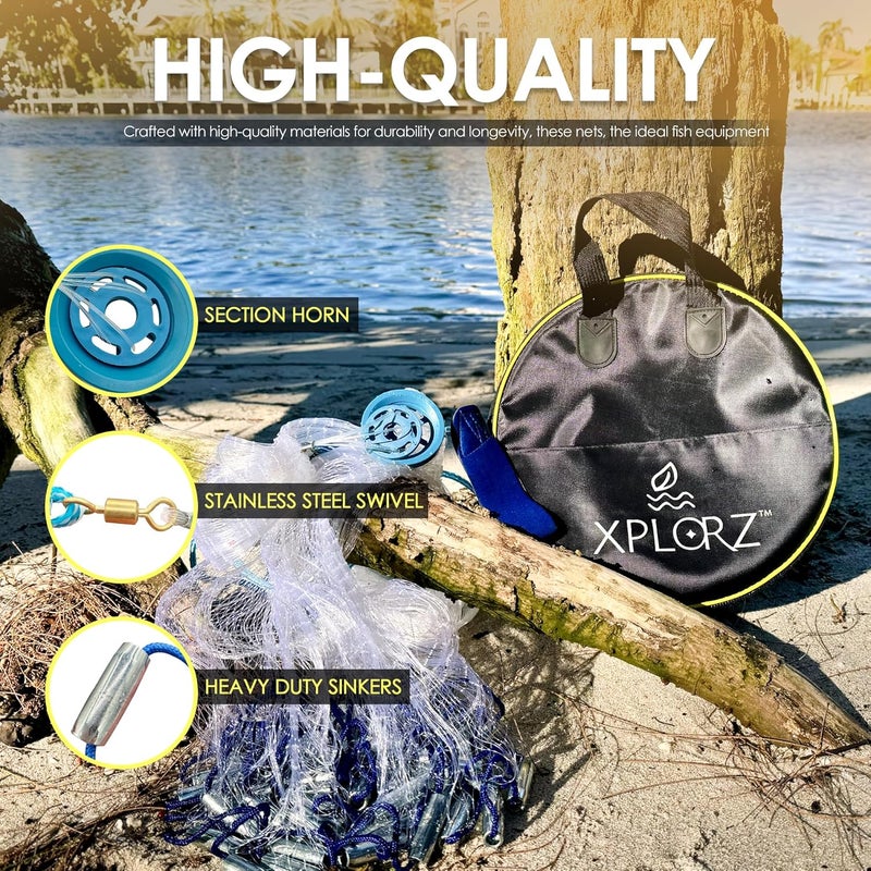 XPLORZ شبكة صيد الأسماك الأمريكية المصنوعة من الصب لفخاخ الطعم: أحجام 4 قدم / 6 قدم / 8 قدم لصيد المياه المالحة والعذبة - معززة بأوزان غاطسة من الزنك الثقيلة - Image 3